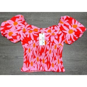 Dorose Floral Puff Pink Sweetheart Crop Top Blouse Women Size Medium